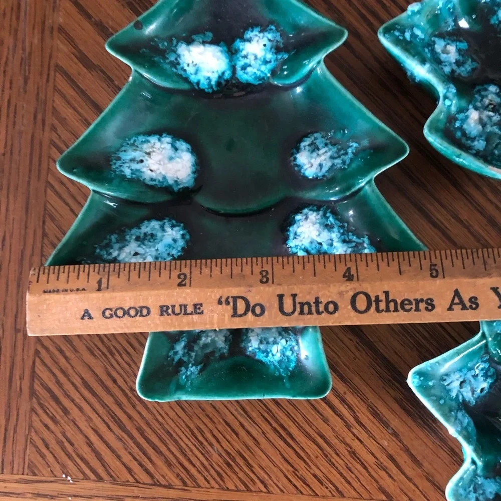 Vintage Set of 3 Green Drip Glaze Stacking Ceramic Christmas Tree Nesting Dishes